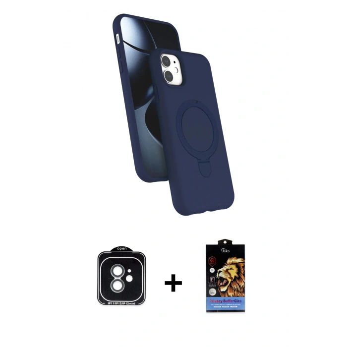 MARSİLYAN™- iPhone 11 Kılıf İz Işık Koleksiyonu - Siyah Buffer Hayalet Cam Ekran Koruyucu + Yeşil PVD Metal Kamera Lens