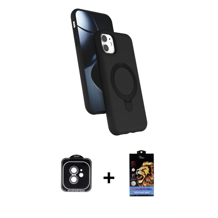 MARSİLYAN™- iPhone 11 Kılıf İz Işık Koleksiyonu - Siyah Buffer Hayalet Cam Ekran Koruyucu + Yeşil PVD Metal Kamera Lens