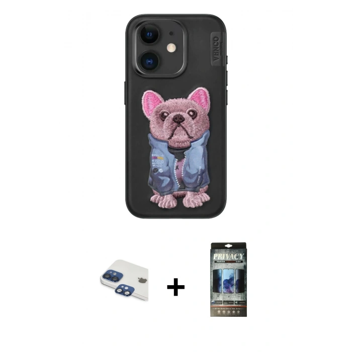MARSİLYAN™- iPhone 11 Kılıf İz Minimal Koleksiyonu - Siyah 34D Hayalet Izgaralı Cam + Pers Alüminyum Kamera Lens - LT