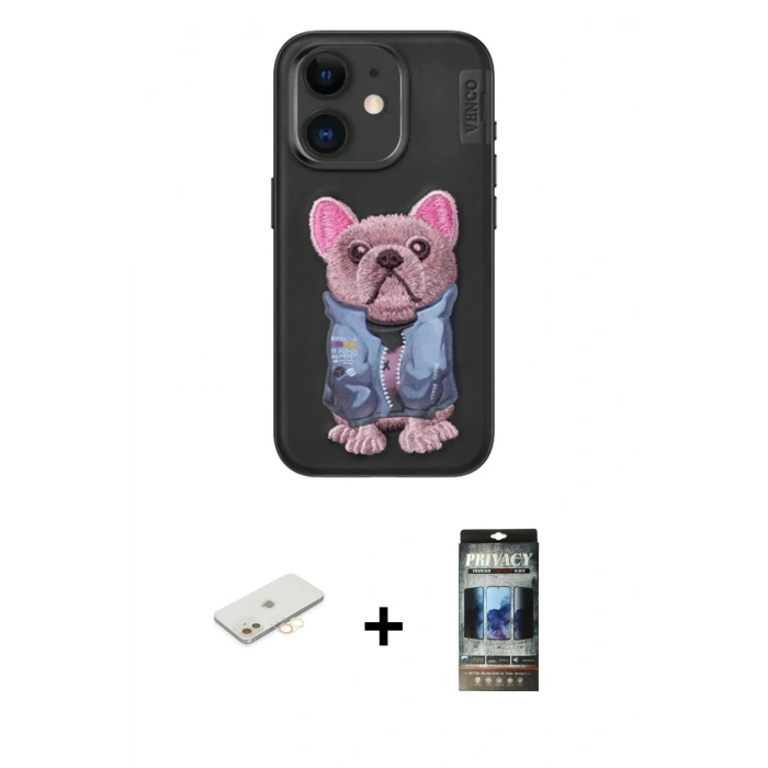 MARSİLYAN™- iPhone 11 Kılıf İz Minimal Koleksiyonu - Siyah 34D Hayalet Izgaralı Cam + Renkli Kamera Lens Koruma Cam - SI