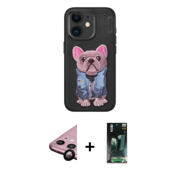 MARSİLYAN™- iPhone 11 Kılıf İz Minimal Koleksiyonu - Siyah 360 Mat Full Body Arka Koruyucu + Raze Metal Kamera Lens - SH