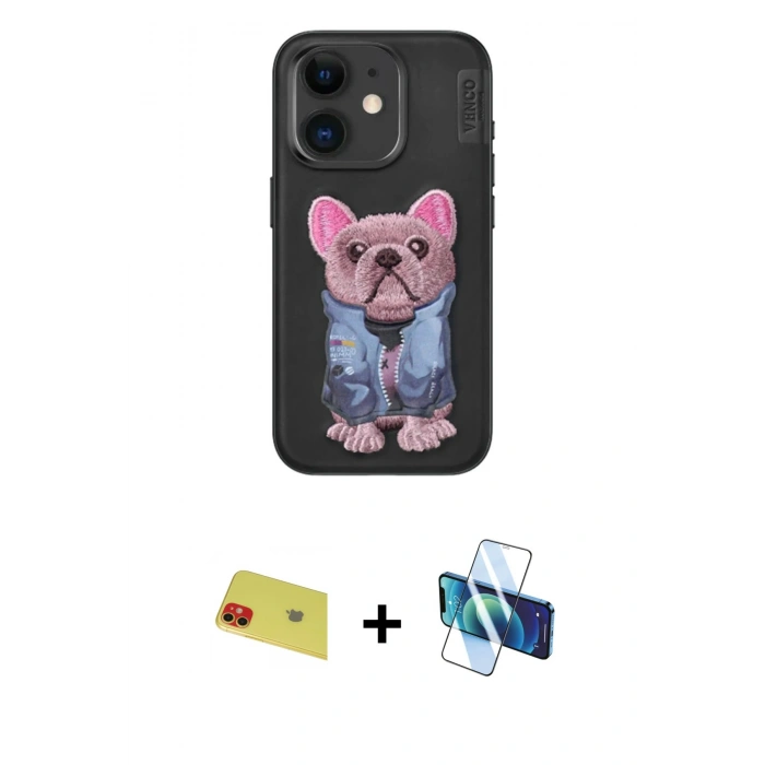 MARSİLYAN™- iPhone 11 Kılıf İz Minimal Koleksiyonu - Siyah 3D Antistatik Cam Ekran Koruyucu + Rainbow Kamera Lens Koruma Cam - KI
