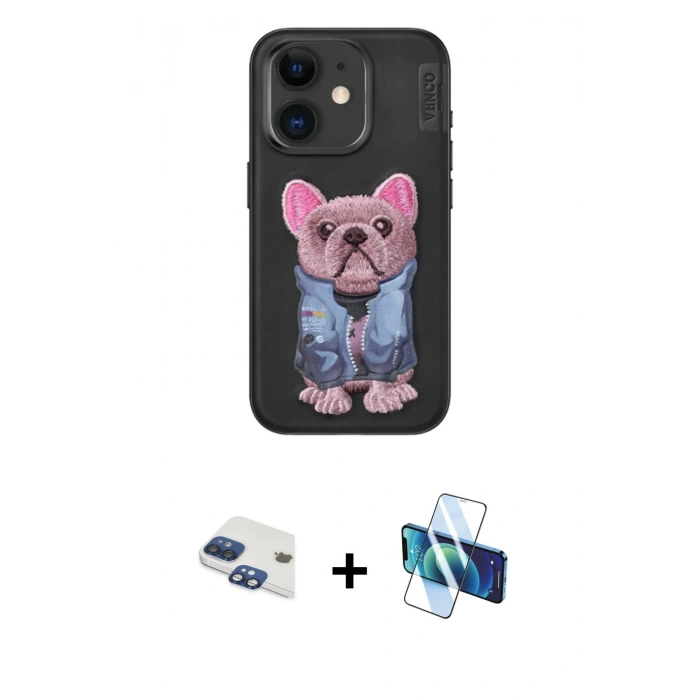MARSİLYAN™- iPhone 11 Kılıf İz Minimal Koleksiyonu - Siyah 3D Antistatik Cam Ekran Koruyucu + Pers Alüminyum Kamera Lens - LT