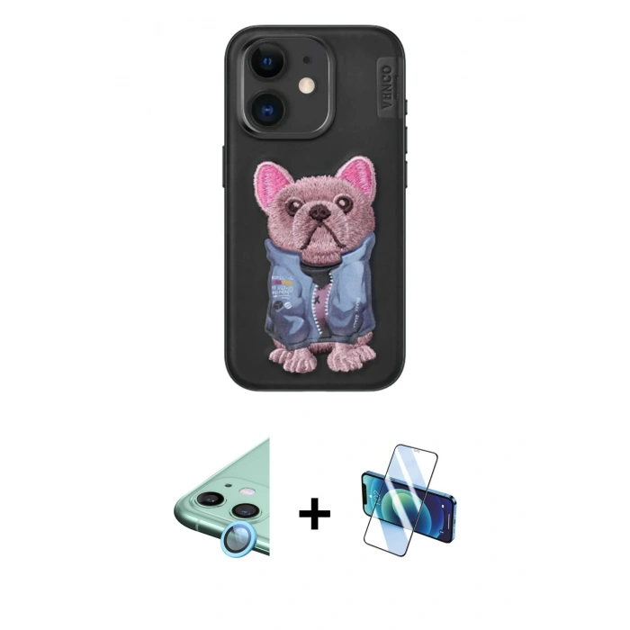 MARSİLYAN™- iPhone 11 Kılıf İz Minimal Koleksiyonu - Siyah 3D Antistatik Cam Ekran Koruyucu + Raze Metal Kamera Lens - MI
