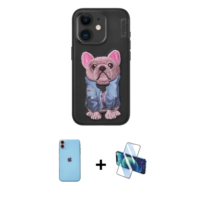 MARSİLYAN™- iPhone 11 Kılıf İz Minimal Koleksiyonu - Siyah 3D Antistatik Cam Ekran Koruyucu + Neon Fosforlu Kamera Lens - TU