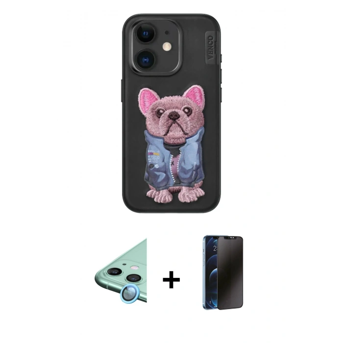 MARSİLYAN™- iPhone 11 Kılıf İz Minimal Koleksiyonu - Siyah 3D Antistatik Hayalet Cam Ekran Koruyucu + Raze Metal Kamera Lens - MI