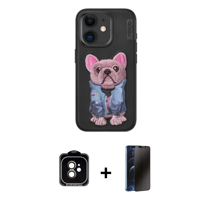 MARSİLYAN™- iPhone 11 Kılıf İz Minimal Koleksiyonu - Siyah 3D Antistatik Hayalet Cam Ekran Koruyucu + PVD Metal Kamera Lens - TU