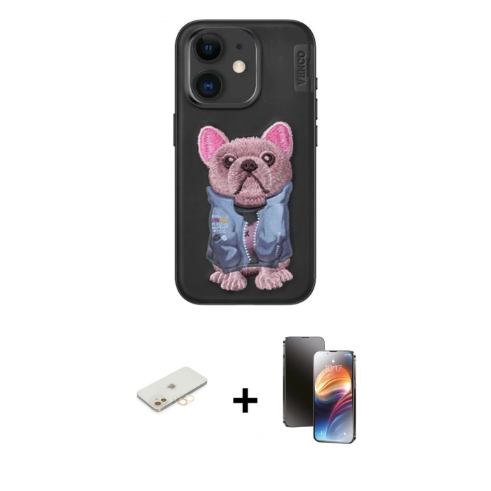 MARSİLYAN™- iPhone 11 Kılıf İz Minimal Koleksiyonu - Siyah 3D Antistatik Mat Seramik Nano Ekran Koruyucu + Renkli Kamera Lens Koruma Cam - SI