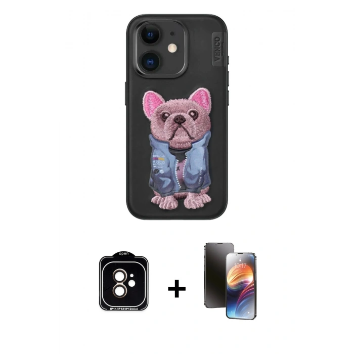 MARSİLYAN™- iPhone 11 Kılıf İz Minimal Koleksiyonu - Siyah 3D Antistatik Mat Seramik Nano Ekran Koruyucu + PVD Metal Kamera Lens - TU