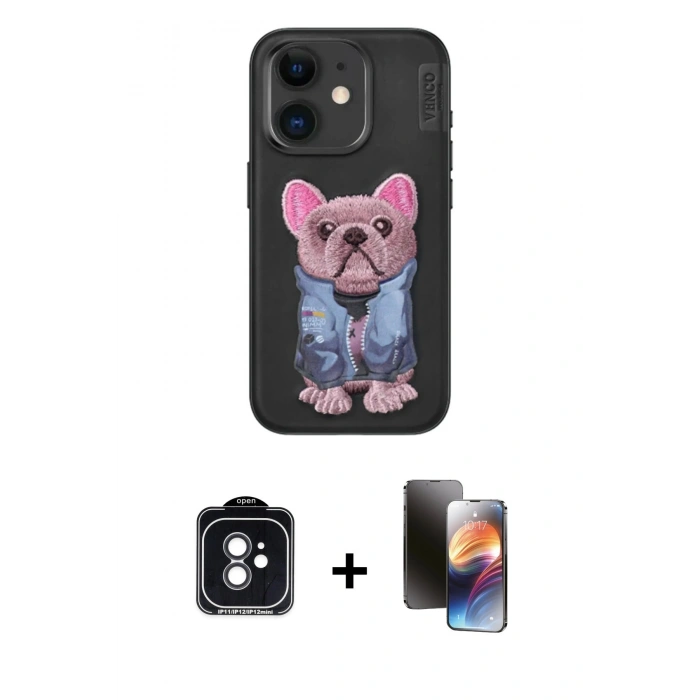 MARSİLYAN™- iPhone 11 Kılıf İz Minimal Koleksiyonu - Siyah 3D Antistatik Mat Seramik Nano Ekran Koruyucu + PVD Metal Kamera Lens - SH