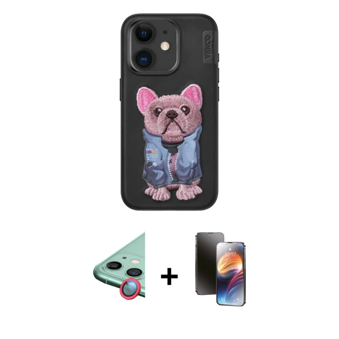 MARSİLYAN™- iPhone 11 Kılıf İz Minimal Koleksiyonu - Siyah 3D Antistatik Mat Seramik Nano Ekran Koruyucu + Raze Metal Kamera Lens - KI
