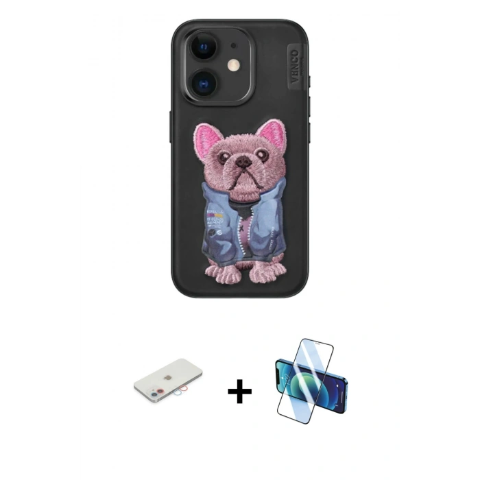 MARSİLYAN™- iPhone 11 Kılıf İz Minimal Koleksiyonu - Siyah 3D Antistatik Seramik Nano Ekran Koruyucu + Renkli Kamera Lens Koruma Cam - PE