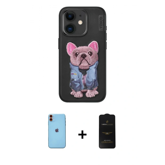 MARSİLYAN™- iPhone 11 Kılıf İz Minimal Koleksiyonu - Siyah 6D Antistatik Mat Seramik Hayalet Nano Ekran Koruyucu + Neon Fosforlu Kamera Lens - TU
