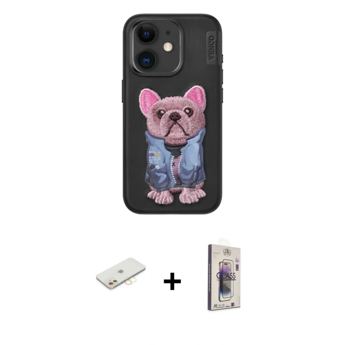 MARSİLYAN™- iPhone 11 Kılıf İz Minimal Koleksiyonu - Siyah Bilvis 3D Cam Ekran Koruyucu + Renkli Kamera Lens Koruma Cam - SI