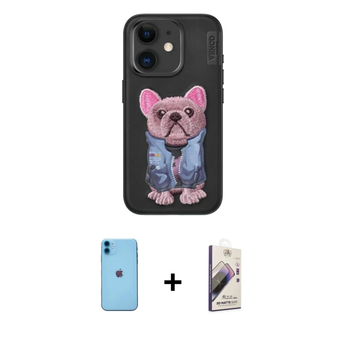 MARSİLYAN™- iPhone 11 Kılıf İz Minimal Koleksiyonu - Siyah Bilvis 3D Mat Cam Ekran Koruyucu + Neon Fosforlu Kamera Lens - MI