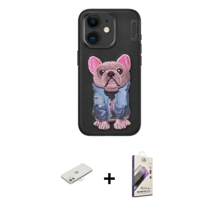 MARSİLYAN™- iPhone 11 Kılıf İz Minimal Koleksiyonu - Siyah Bilvis 3D Mat Cam Ekran Koruyucu + Renkli Kamera Lens Koruma Cam - SI