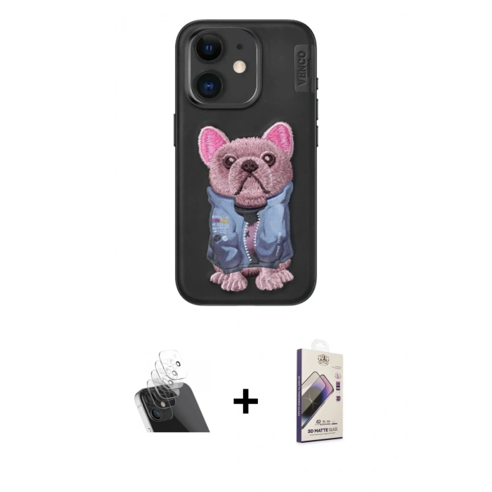 MARSİLYAN™- iPhone 11 Kılıf İz Minimal Koleksiyonu - Siyah Bilvis 3D Mat Cam Ekran Koruyucu + Kamera Lens Koruma Cam - SF
