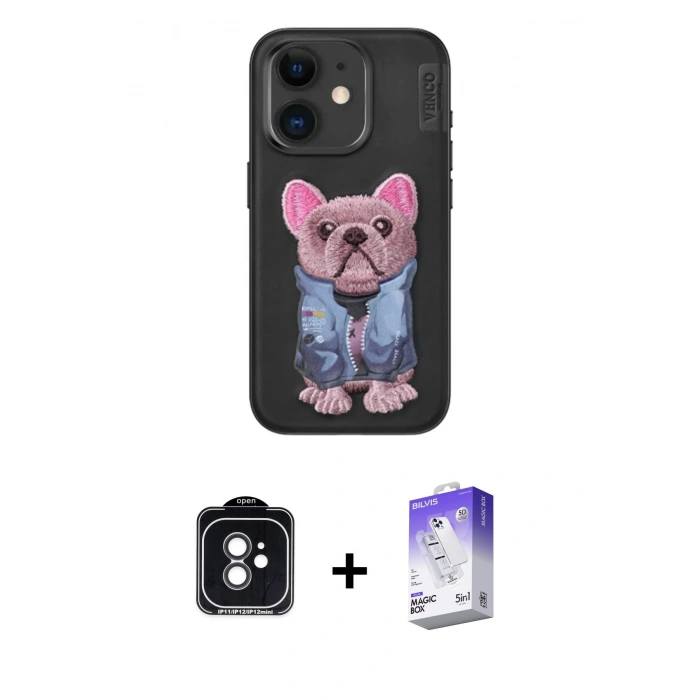 MARSİLYAN™- iPhone 11 Kılıf İz Minimal Koleksiyonu - Siyah Bilvis 5in1 3D Magic Cam Ekran Koruyucu + PVD Metal Kamera Lens - SH