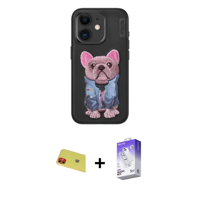 MARSİLYAN™- iPhone 11 Kılıf İz Minimal Koleksiyonu - Siyah Bilvis 5in1 3D Magic Cam Ekran Koruyucu + Rainbow Kamera Lens Koruma Cam - KI