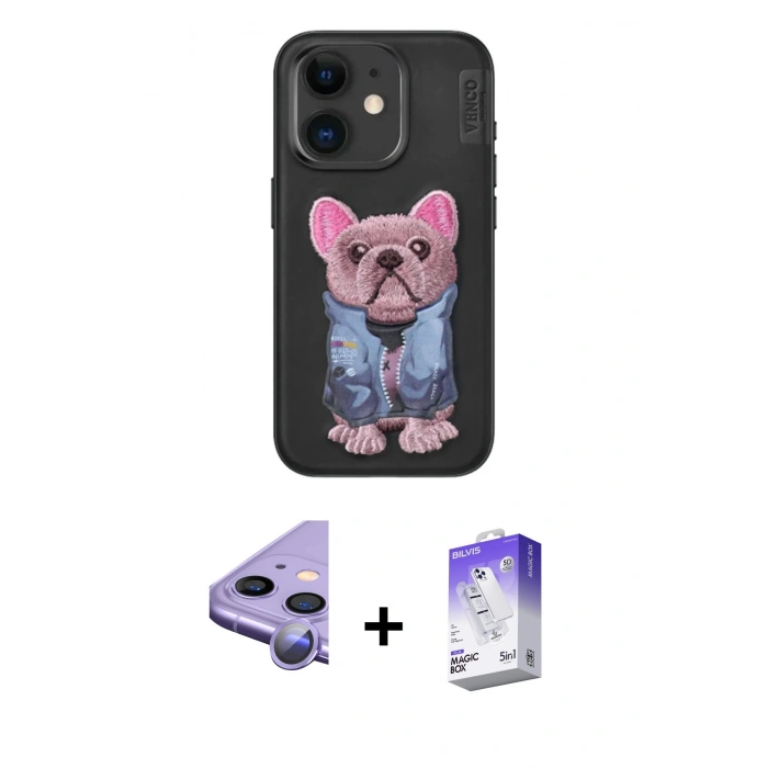MARSİLYAN™- iPhone 11 Kılıf İz Minimal Koleksiyonu - Siyah Bilvis 5in1 3D Magic Cam Ekran Koruyucu + Raze Metal Kamera Lens - MR