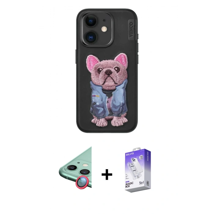 MARSİLYAN™- iPhone 11 Kılıf İz Minimal Koleksiyonu - Siyah Bilvis 5in1 3D Magic Cam Ekran Koruyucu + Raze Metal Kamera Lens - KI