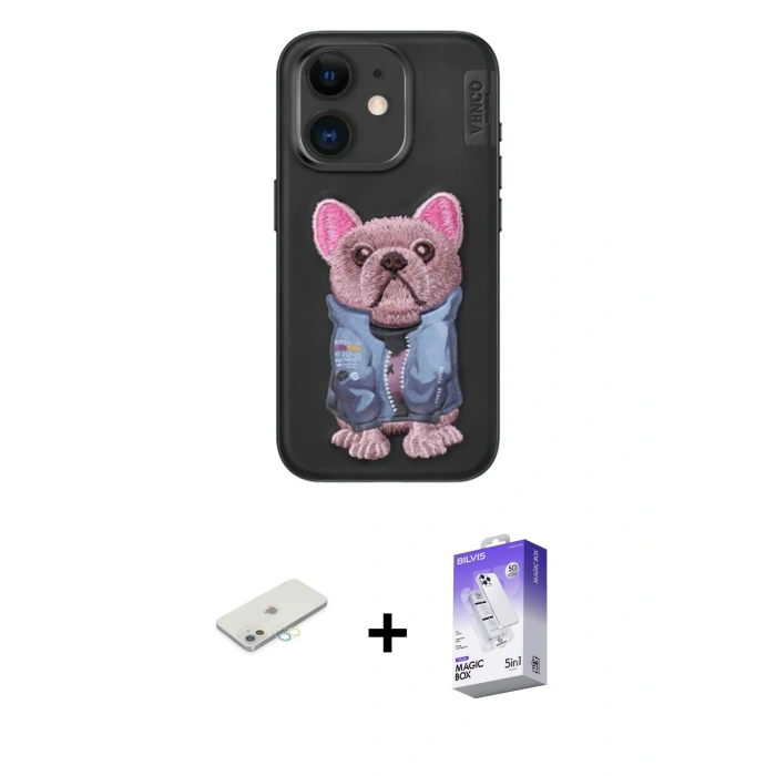 MARSİLYAN™- iPhone 11 Kılıf İz Minimal Koleksiyonu - Siyah Bilvis 5in1 3D Magic Cam Ekran Koruyucu + Renkli Kamera Lens Koruma Cam - SI