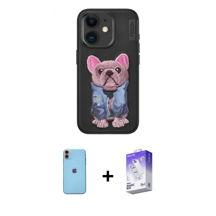 MARSİLYAN™- iPhone 11 Kılıf İz Minimal Koleksiyonu - Siyah Bilvis 5in1 3D Magic Cam Ekran Koruyucu + Neon Fosforlu Kamera Lens - TU