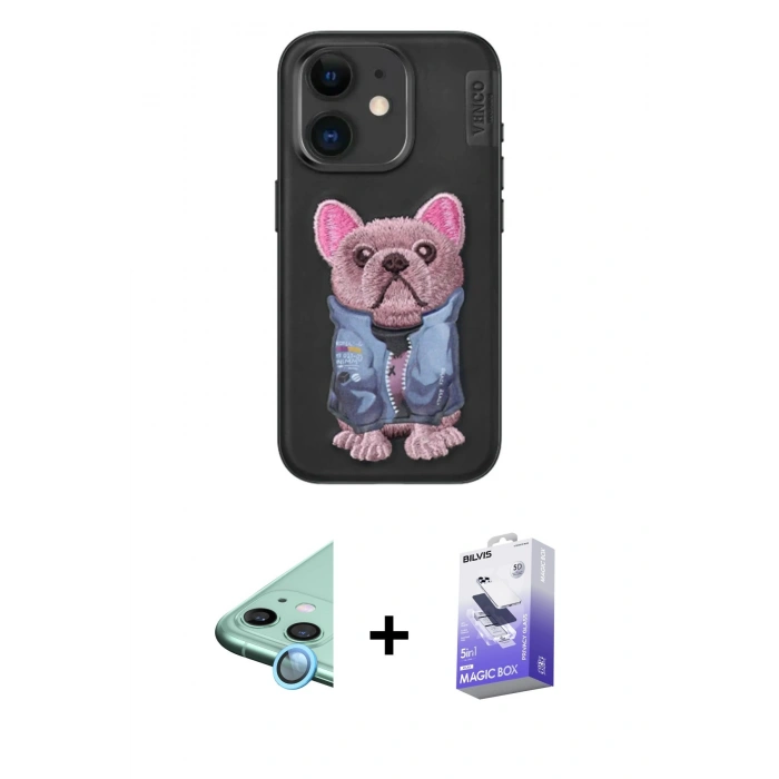MARSİLYAN™- iPhone 11 Kılıf İz Minimal Koleksiyonu - Siyah Bilvis 5in1 5D Magic Hayalet Cam Ekran Koruyucu + Raze Metal Kamera Lens - MI