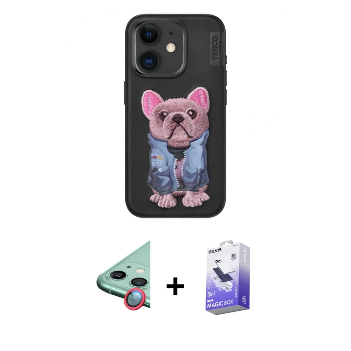 MARSİLYAN™- iPhone 11 Kılıf İz Minimal Koleksiyonu - Siyah Bilvis 5in1 5D Magic Hayalet Cam Ekran Koruyucu + Raze Metal Kamera Lens - KI