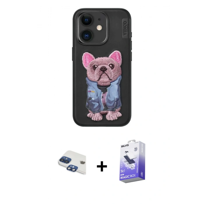 MARSİLYAN™- iPhone 11 Kılıf İz Minimal Koleksiyonu - Siyah Bilvis 5in1 5D Magic Hayalet Cam Ekran Koruyucu + Pers Alüminyum Kamera Lens - LT