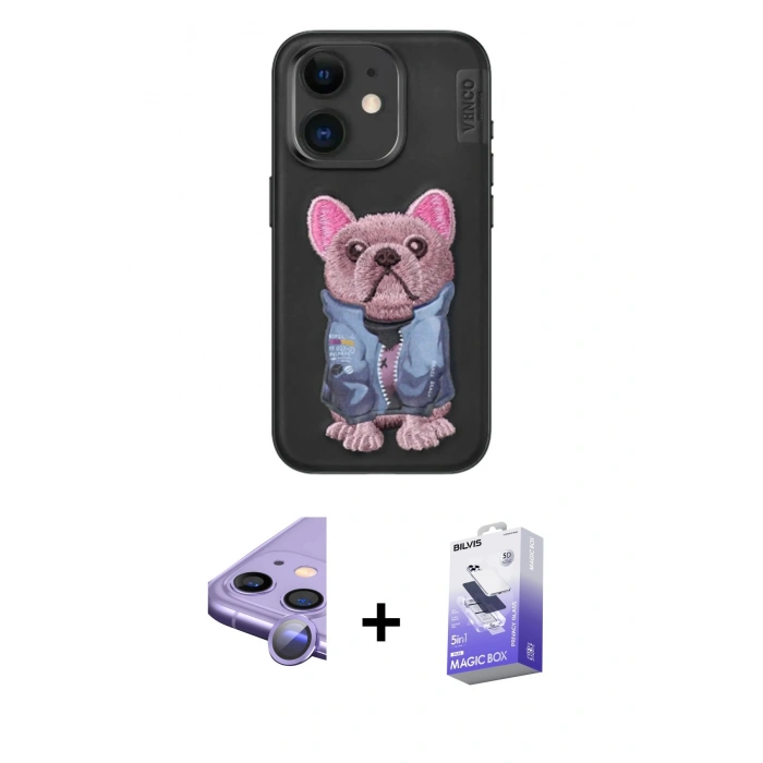 MARSİLYAN™- iPhone 11 Kılıf İz Minimal Koleksiyonu - Siyah Bilvis 5in1 5D Magic Hayalet Cam Ekran Koruyucu + Raze Metal Kamera Lens - MR