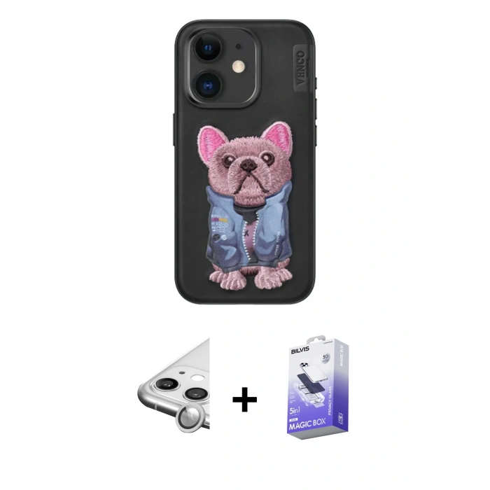 MARSİLYAN™- iPhone 11 Kılıf İz Minimal Koleksiyonu - Siyah Bilvis 5in1 5D Magic Hayalet Cam Ekran Koruyucu + Raze Metal Kamera Lens - GS