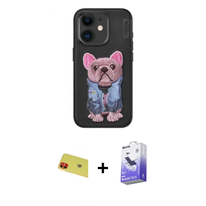 MARSİLYAN™- iPhone 11 Kılıf İz Minimal Koleksiyonu - Siyah Bilvis 5in1 5D Magic Hayalet Cam Ekran Koruyucu + Rainbow Kamera Lens Koruma Cam - KI