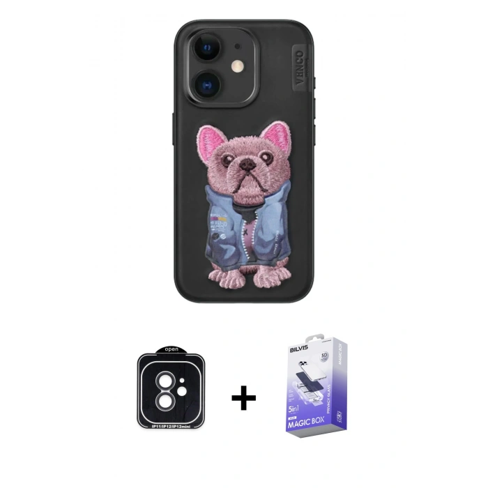 MARSİLYAN™- iPhone 11 Kılıf İz Minimal Koleksiyonu - Siyah Bilvis 5in1 5D Magic Hayalet Cam Ekran Koruyucu + PVD Metal Kamera Lens - SH