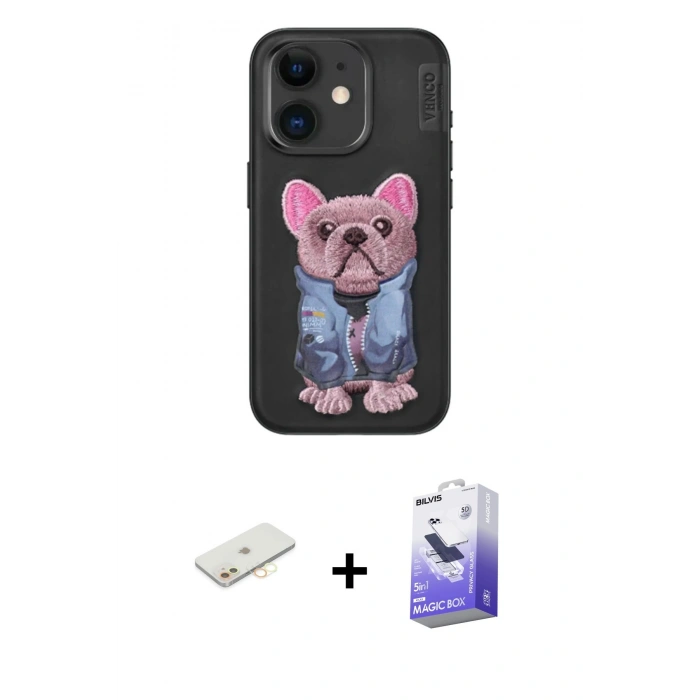MARSİLYAN™- iPhone 11 Kılıf İz Minimal Koleksiyonu - Siyah Bilvis 5in1 5D Magic Hayalet Cam Ekran Koruyucu + Renkli Kamera Lens Koruma Cam - SI
