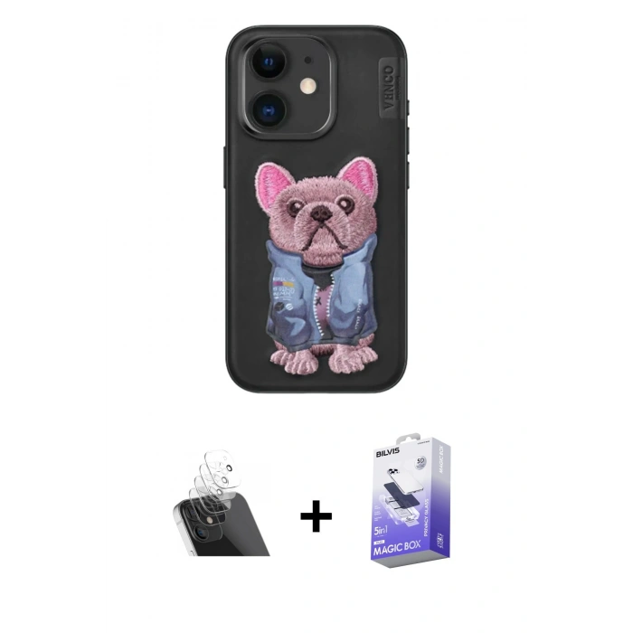 MARSİLYAN™- iPhone 11 Kılıf İz Minimal Koleksiyonu - Siyah Bilvis 5in1 5D Magic Hayalet Cam Ekran Koruyucu + Kamera Lens Koruma Cam - SF