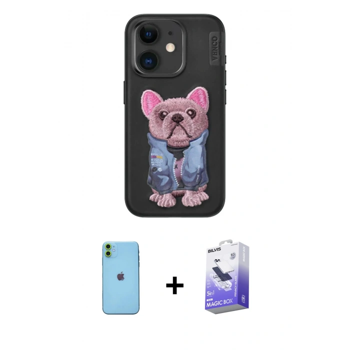 MARSİLYAN™- iPhone 11 Kılıf İz Minimal Koleksiyonu - Siyah Bilvis 5in1 5D Magic Hayalet Cam Ekran Koruyucu + Neon Fosforlu Kamera Lens - YL