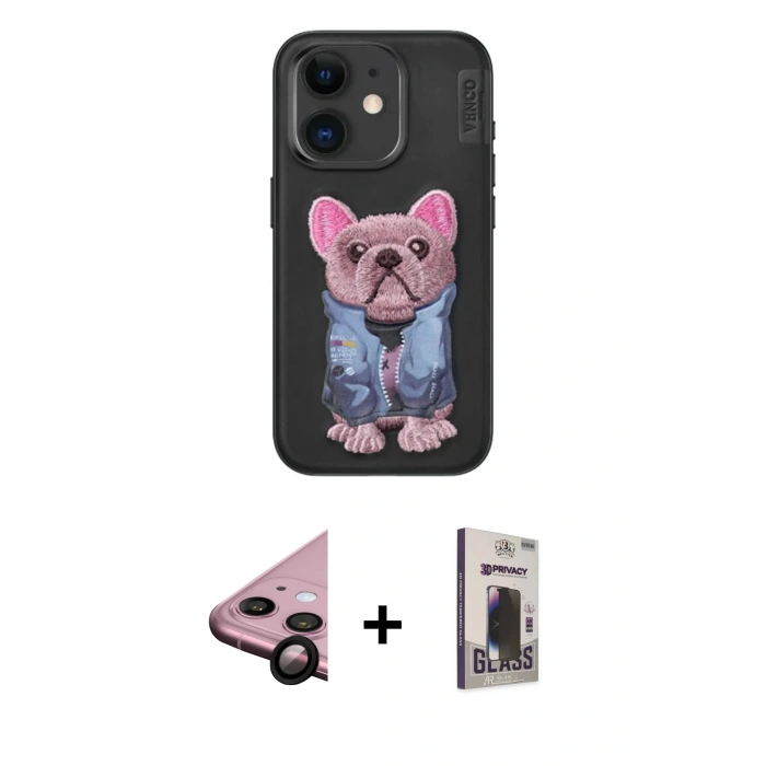 MARSİLYAN™- iPhone 11 Kılıf İz Minimal Koleksiyonu - Siyah Bilvis Hayalet Cam Ekran Koruyucu + Raze Metal Kamera Lens - SH