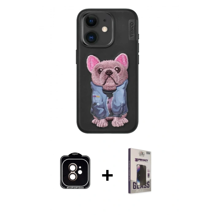 MARSİLYAN™- iPhone 11 Kılıf İz Minimal Koleksiyonu - Siyah Bilvis Hayalet Cam Ekran Koruyucu + PVD Metal Kamera Lens - TU