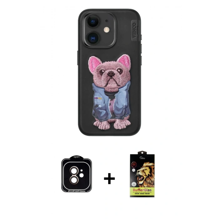 MARSİLYAN™- iPhone 11 Kılıf İz Minimal Koleksiyonu - Siyah Buffer Cam Ekran Koruyucu + PVD Metal Kamera Lens - TU