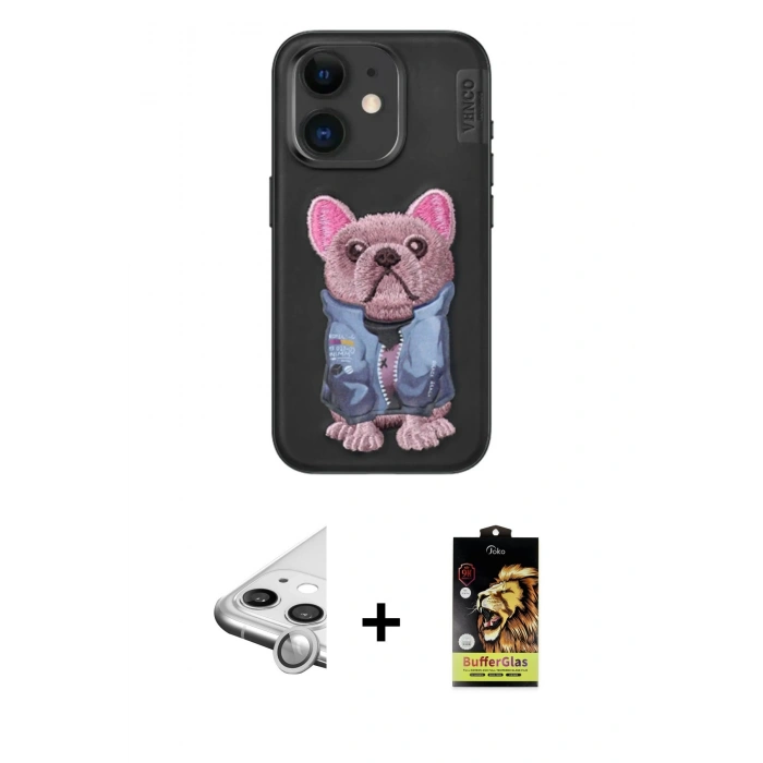 MARSİLYAN™- iPhone 11 Kılıf İz Minimal Koleksiyonu - Siyah Buffer Cam Ekran Koruyucu + Raze Metal Kamera Lens - GS
