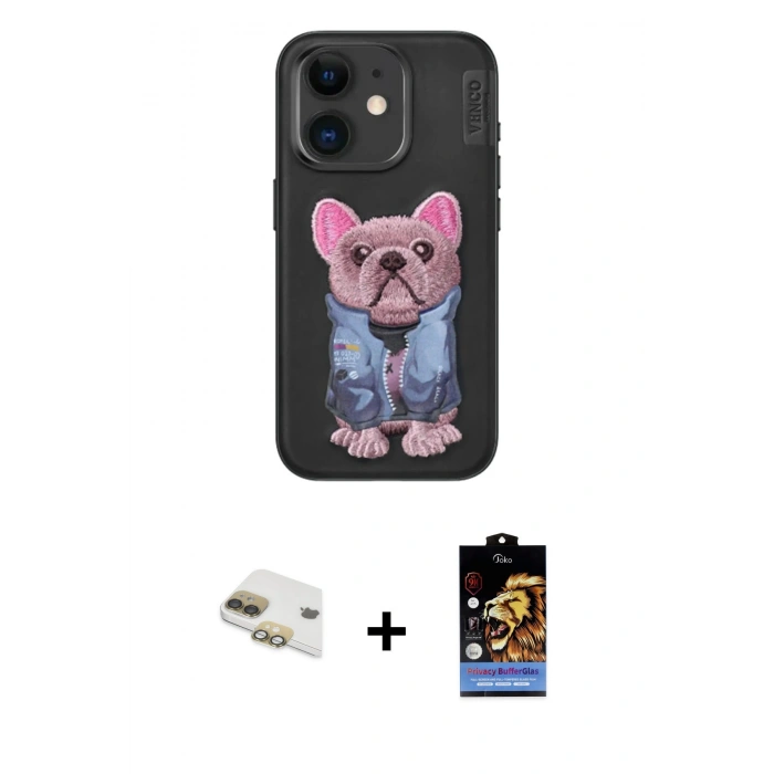 MARSİLYAN™- iPhone 11 Kılıf İz Minimal Koleksiyonu - Siyah Buffer Hayalet Cam Ekran Koruyucu + Gold Pers Alüminyum Kamera Lens