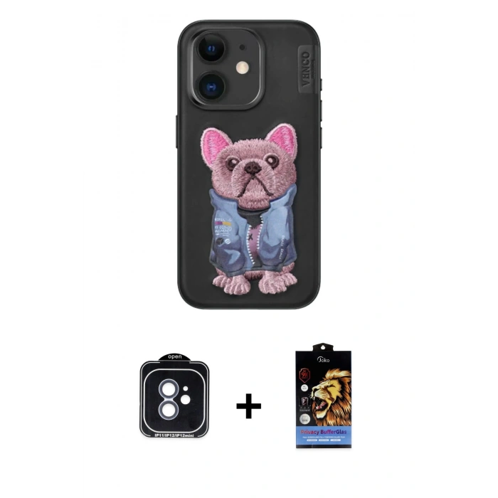 MARSİLYAN™- iPhone 11 Kılıf İz Minimal Koleksiyonu - Siyah Buffer Hayalet Cam Ekran Koruyucu + PVD Metal Kamera Lens - MI