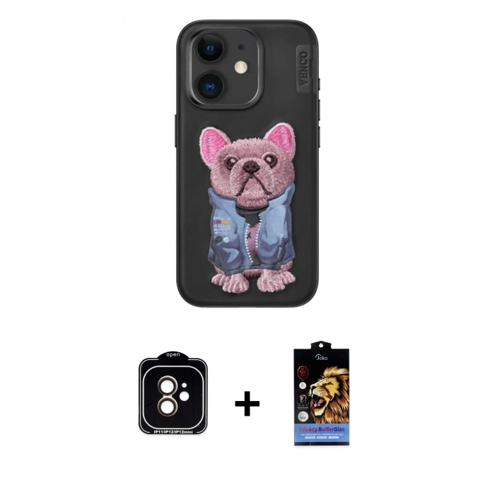 MARSİLYAN™- iPhone 11 Kılıf İz Minimal Koleksiyonu - Siyah Buffer Hayalet Cam Ekran Koruyucu + PVD Metal Kamera Lens - TU