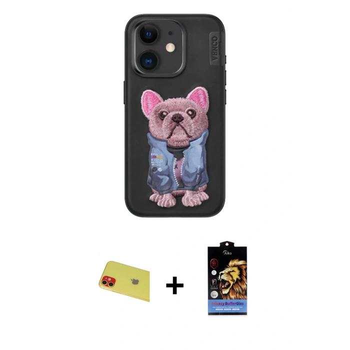 MARSİLYAN™- iPhone 11 Kılıf İz Minimal Koleksiyonu - Siyah Buffer Hayalet Cam Ekran Koruyucu + Rainbow Kamera Lens Koruma Cam - KI