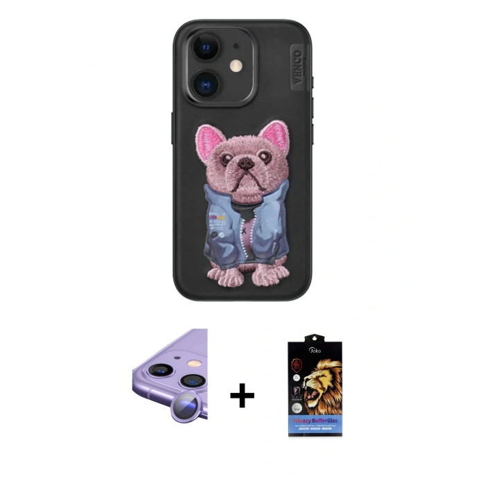 MARSİLYAN™- iPhone 11 Kılıf İz Minimal Koleksiyonu - Siyah Buffer Hayalet Cam Ekran Koruyucu + Raze Metal Kamera Lens - MR