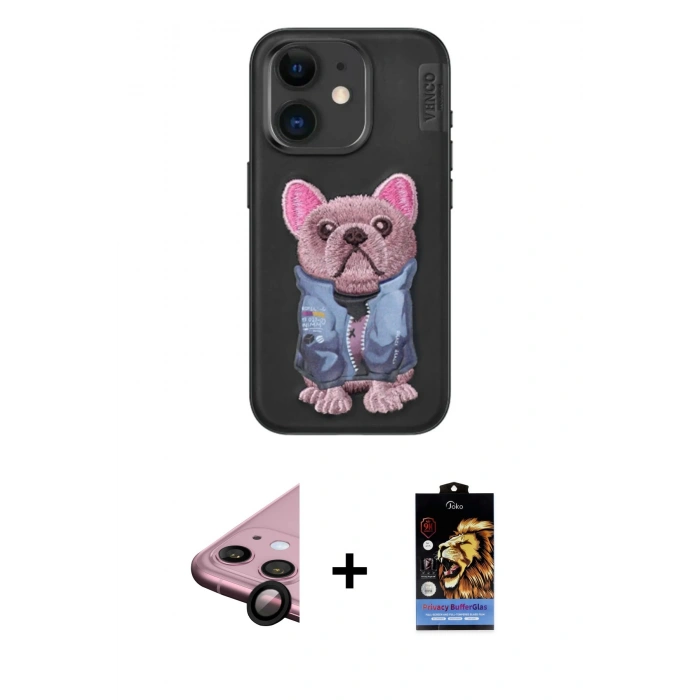 MARSİLYAN™- iPhone 11 Kılıf İz Minimal Koleksiyonu - Siyah Buffer Hayalet Cam Ekran Koruyucu + Raze Metal Kamera Lens - SH