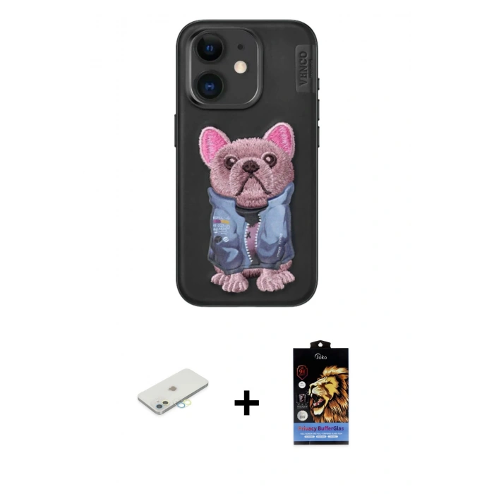 MARSİLYAN™- iPhone 11 Kılıf İz Minimal Koleksiyonu - Siyah Buffer Hayalet Cam Ekran Koruyucu + Renkli Kamera Lens Koruma Cam - SI