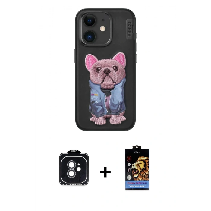 MARSİLYAN™- iPhone 11 Kılıf İz Minimal Koleksiyonu - Siyah Buffer Hayalet Cam Ekran Koruyucu + PVD Metal Kamera Lens - SH