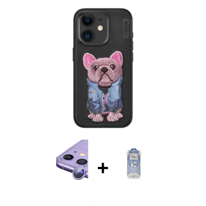 MARSİLYAN™- iPhone 11 Kılıf İz Minimal Koleksiyonu - Siyah Joko Magic 5D Cam + Mor Raze Metal Kamera Lens